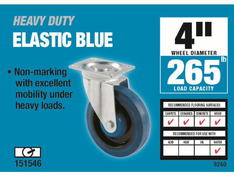4Inch Swivel Plate Elastic Blue Rubber Caster, 265lb Load Capacity